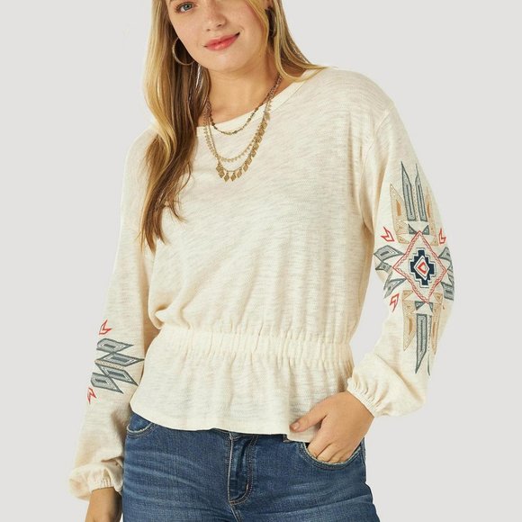 Wrangler Tops - Wrangler Retro Peplum Top Oatmeal Southwestern Embroidery Boho Cotton Size‎ L